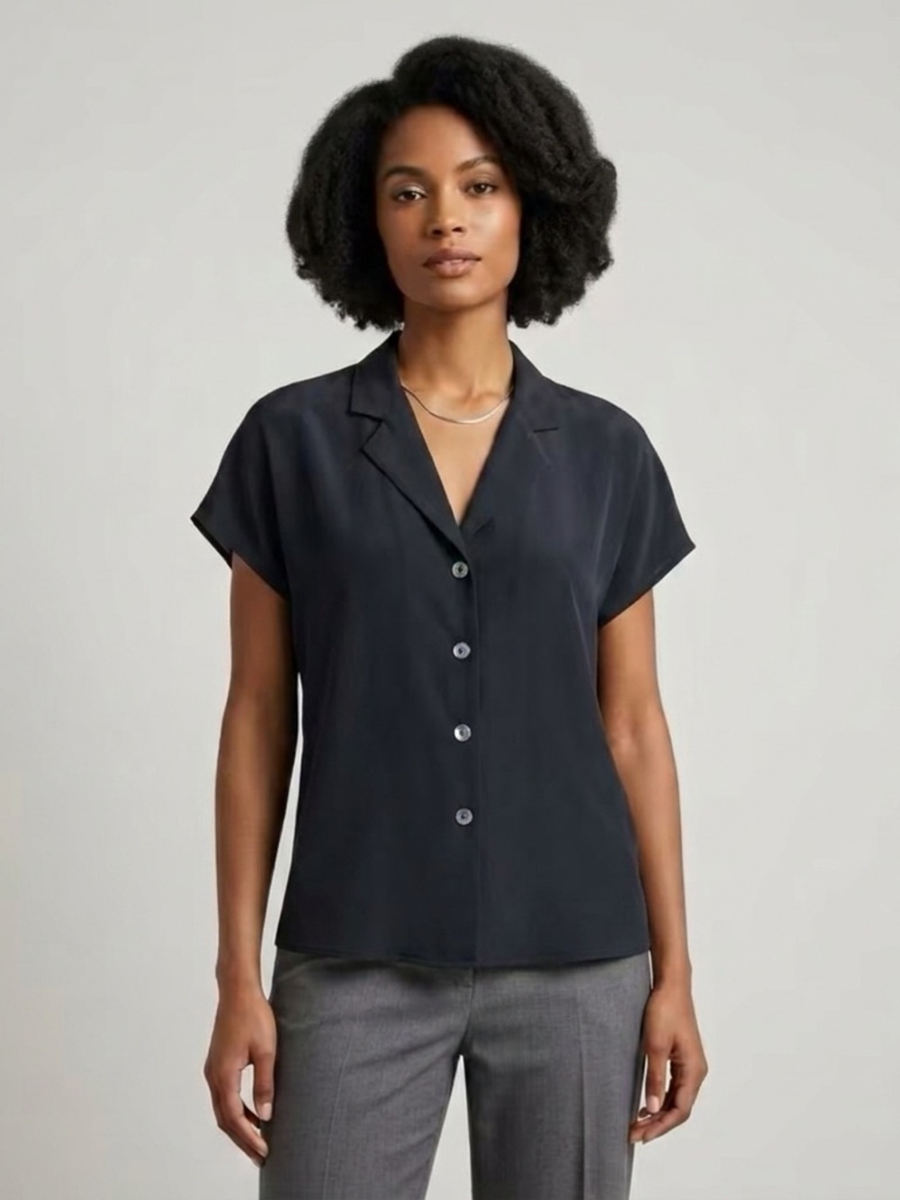 Vintage JH Collectibles 100% Silk Camp Collar Blouse Black Cap Sleeve Top 4